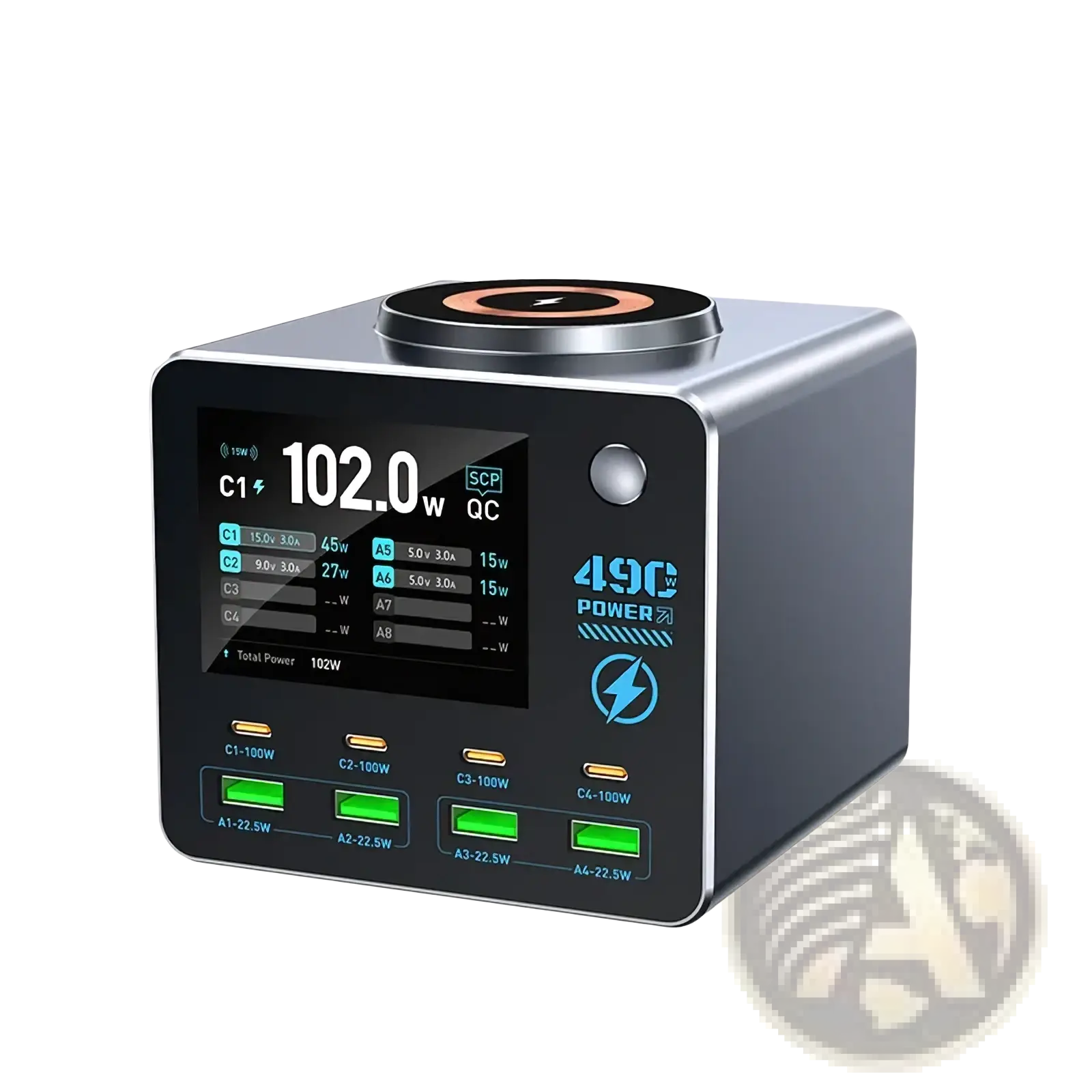 Silver and black 140w 9-port smart gan desktop charger with digital display wireless charging and multiple usb ports