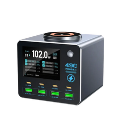 Silver and black 140w 9-port smart gan desktop charger with digital display wireless charging and multiple usb ports