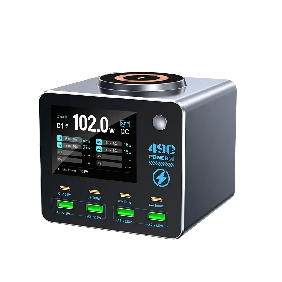 Silver and black 140w 9-port smart gan desktop charger with digital display wireless charging and multiple usb ports