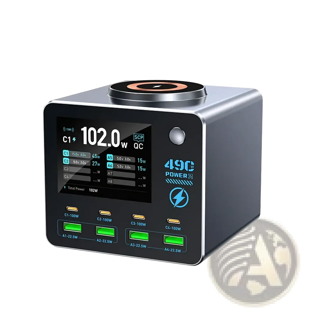 Silver and black 140w smart digital multi-port desktop charger with digital display, multiple usb ports, and wireless charging