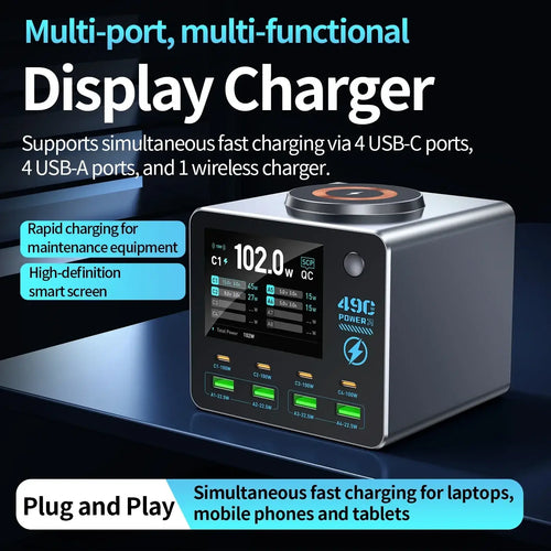 Silver 140w smart digital multi-port desktop charger with hd screen showing power output and multiple usb ports