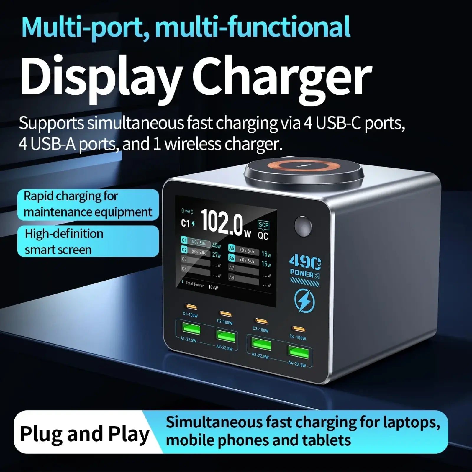 Silver 140w smart digital multi-port desktop charger with hd screen showing power output and multiple usb ports
