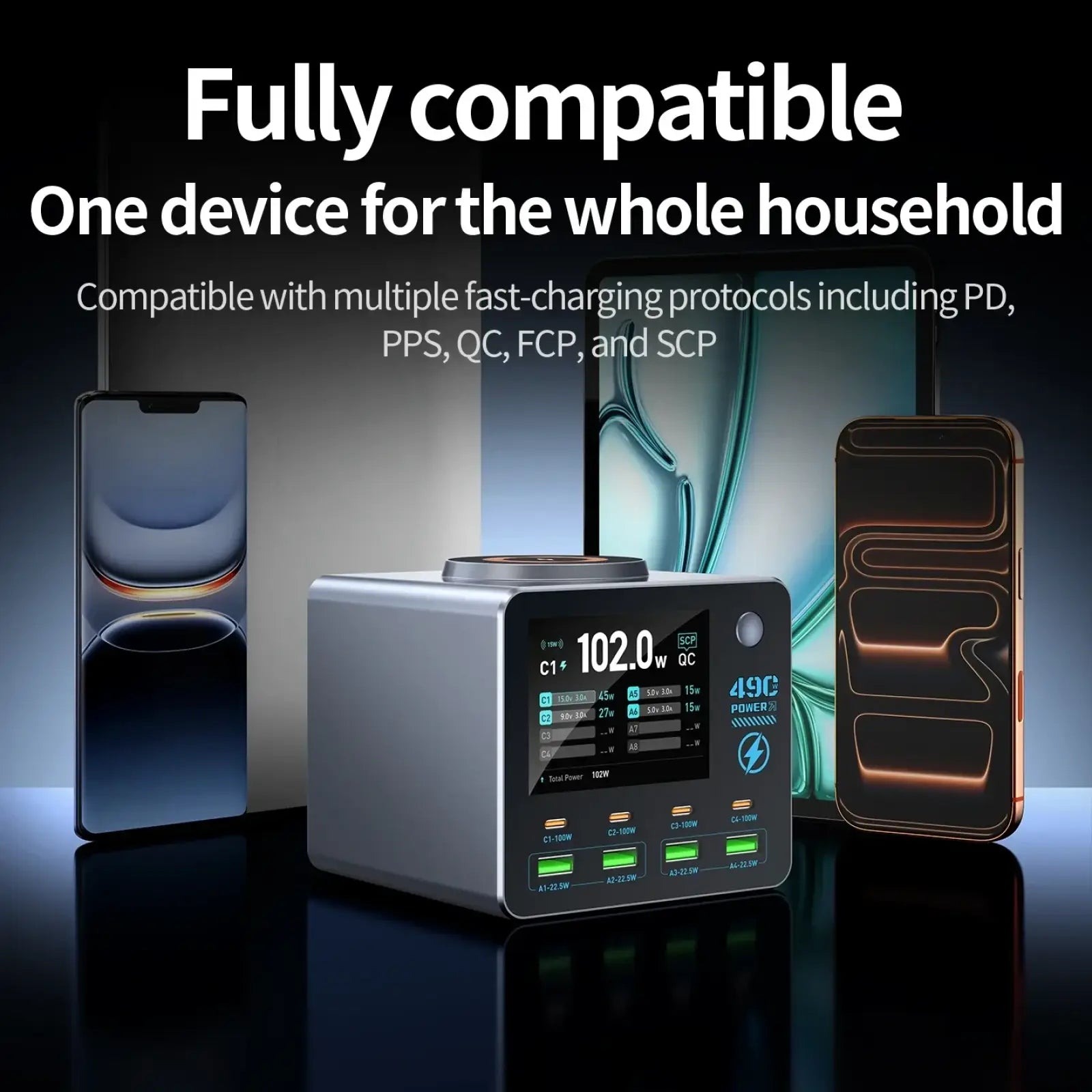 Silver metallic 140w smart digital multi-port desktop charger with power 49c multi-port fast-charging hub and digital display