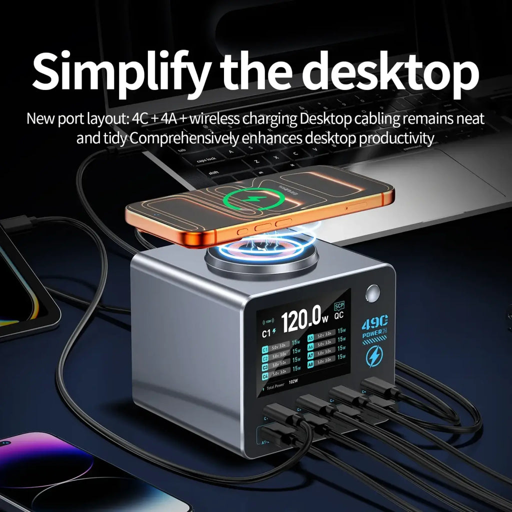 Silver metallic 140w smart digital multi-port desktop charger with wireless charging pad and multiple ports