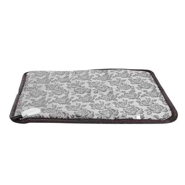 Gray floral-patterned waterproof electric heated pet mat with dark border and zipper closure designed for pet heating and comfort
