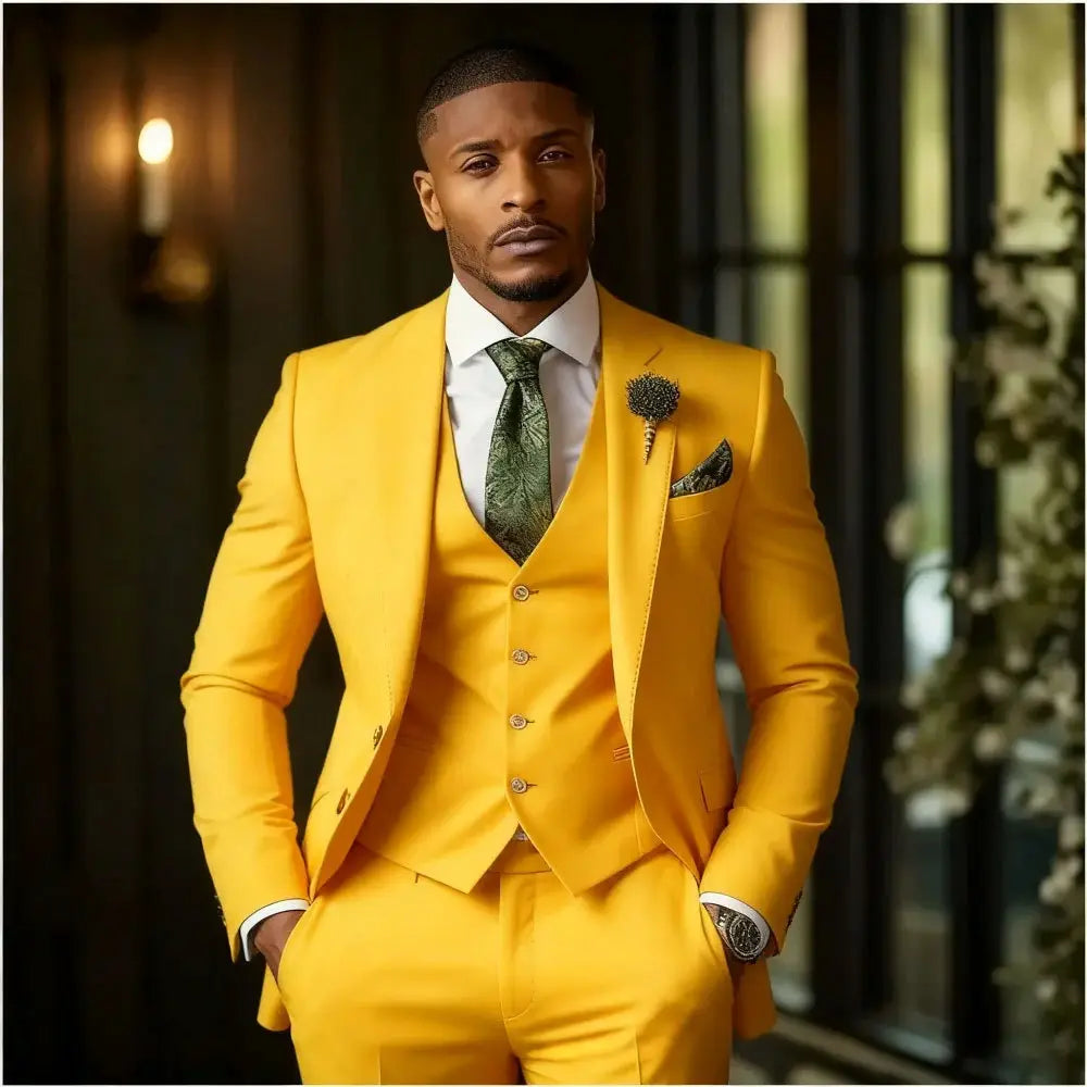 Men slim fit three piece suit in vibrant yellow featuring a tailored fit, matching vest, and trousers made of smooth fabric.