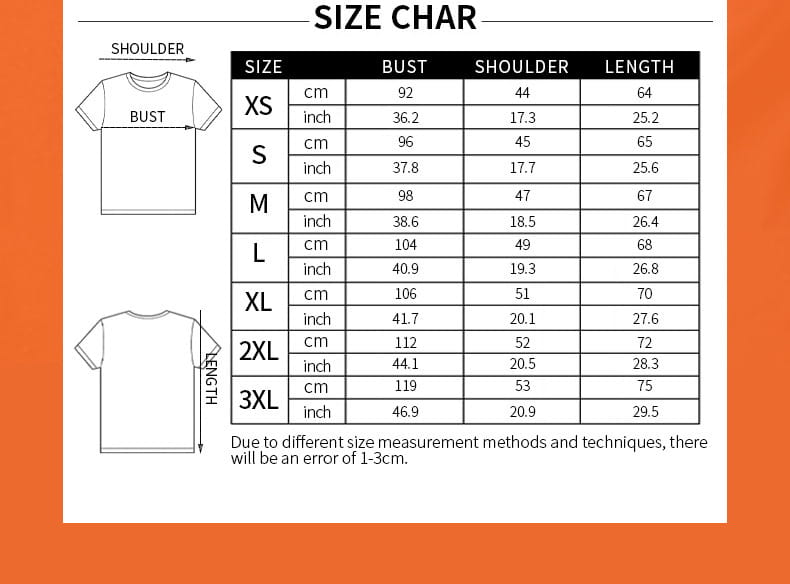Size chart for velvet short sleeve casual tee in white showing measurements in centimeters and inches for sizes XS to 3XL.