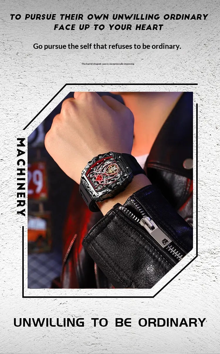 Men’s barrel skeleton automatic mechanical sport watch with a black leather strap and a bold square-shaped watch face featuring intricate red and silver mechanical detailing.