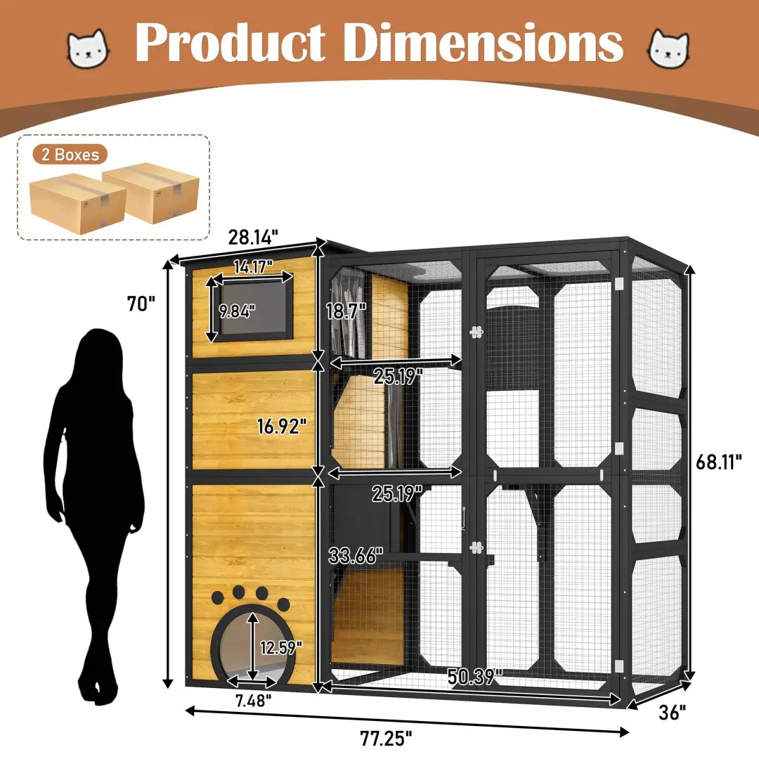 Large outdoor catio 4 tier wooden cat enclosure with black metal frame, wood panels, mesh sides, paw print cutouts on the wooden base platform, and dimensions labeled for each section.