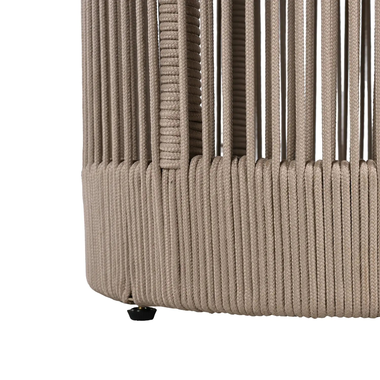 Beige woven rope chair with vertical slats and a rounded base from the rustic industrial table set woven rope coffee side table.