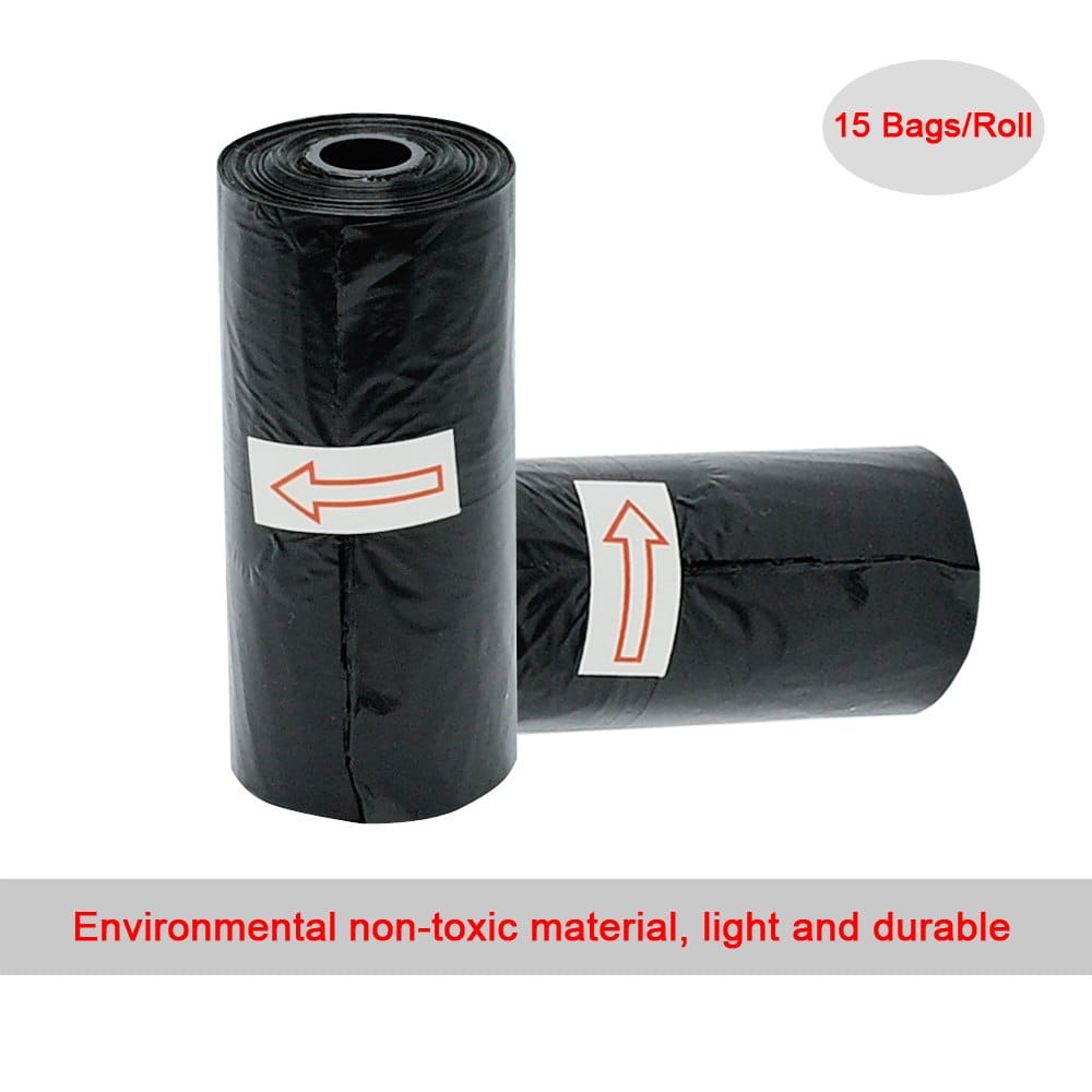 black plastic dog waste bags rolled on spools with white labels featuring orange arrows for bone dog waste bag dispenser and 300 refill bags