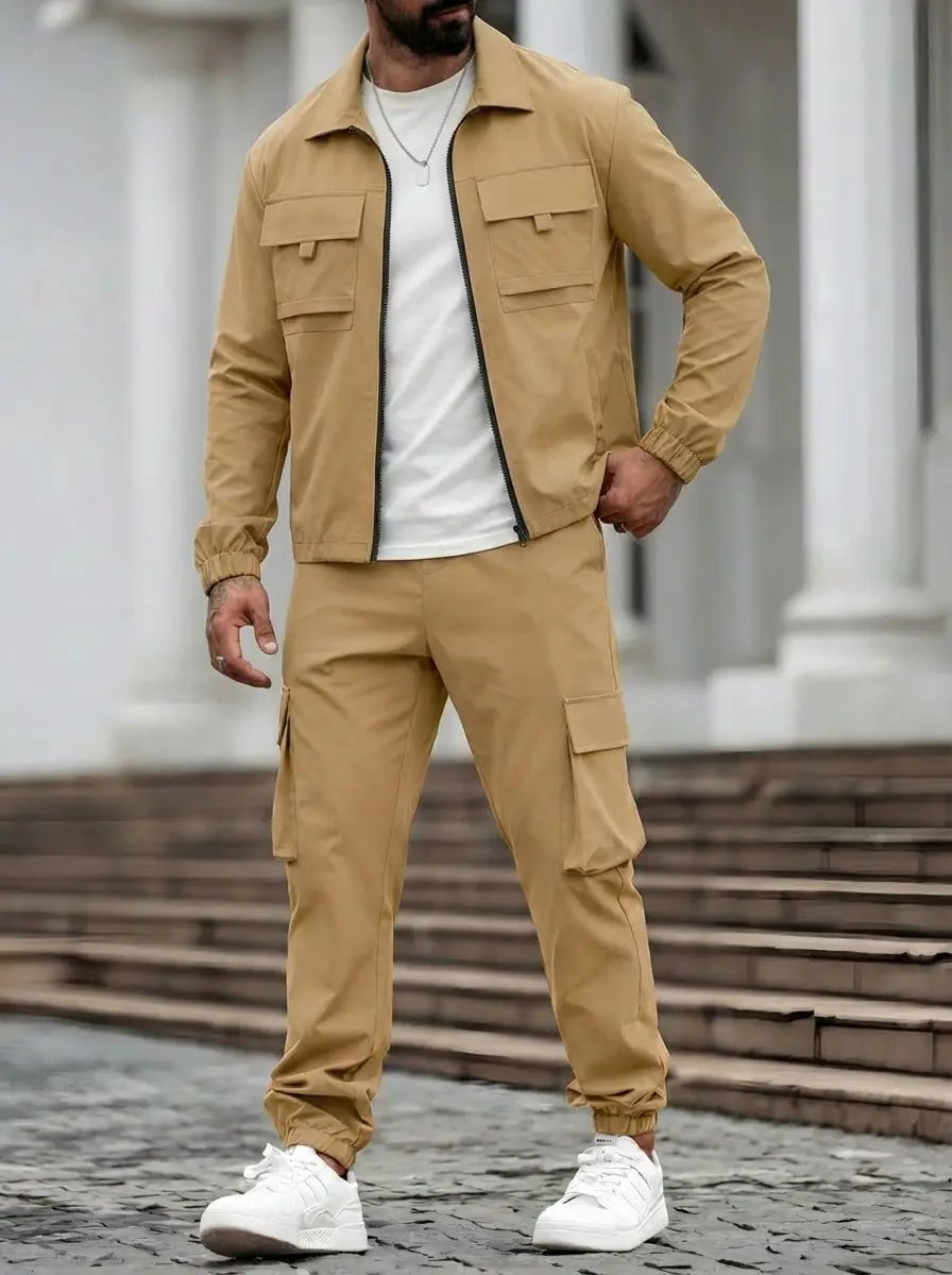 tan utility jacket with two chest pockets and black zipper trim from mens utility zip up workwear set designed for durable workwear use.