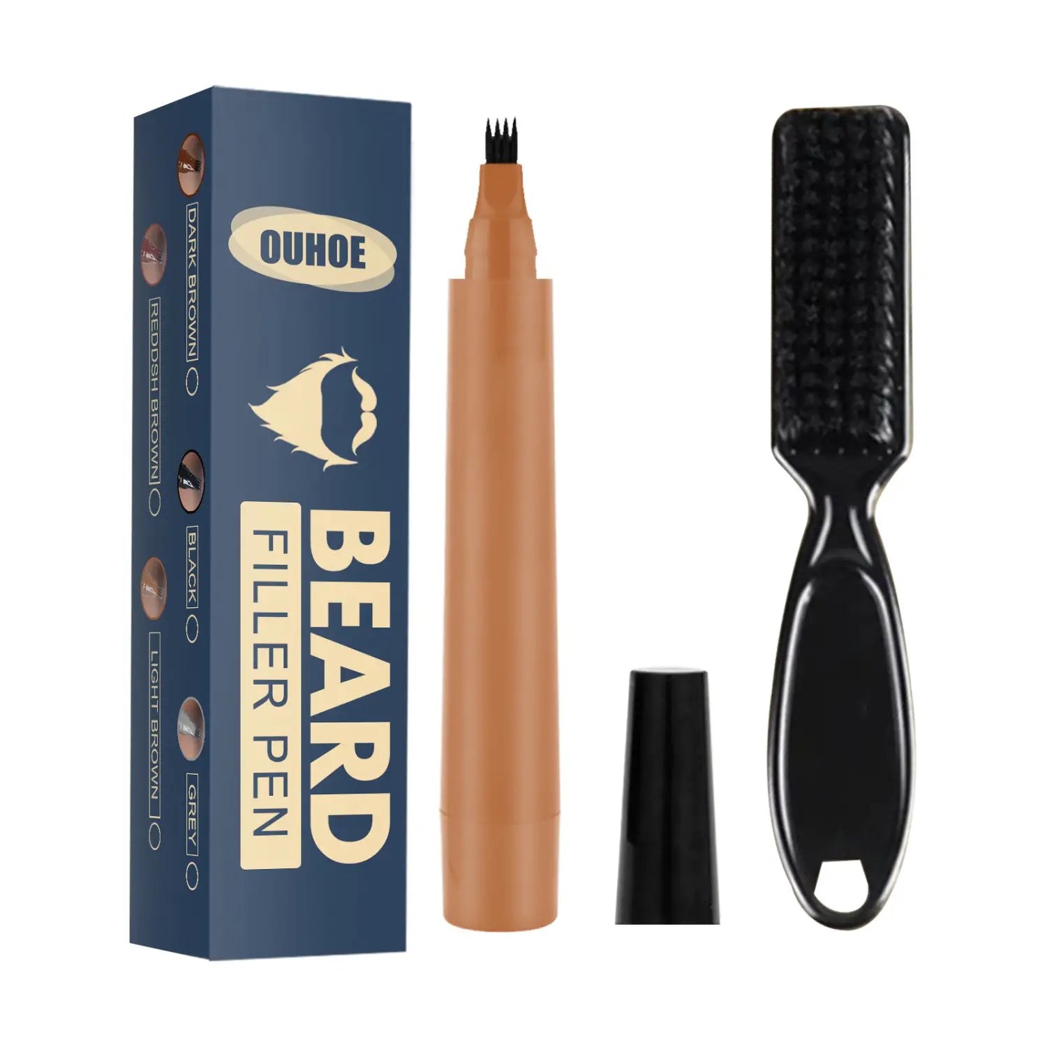 Ouhoo Bartfüller-Stift-Set mit einem wasserfesten fleckigen Bartstift in hellbeiger Farbe, feiner schwarzer Pinseltip-Spitze und einem passenden schwarzen Applikator im Kamm-Stil.