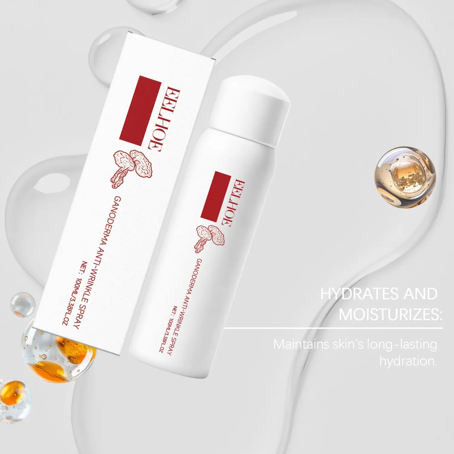 Weiße zylindrische Dose des eelhoe Ganoderma Anti-Falten-Sprays, 100 ml, festigende Lotion mit rotem Branding und Pilzillustrationen zur Straffung der Haut und zur Minderung von Falten.