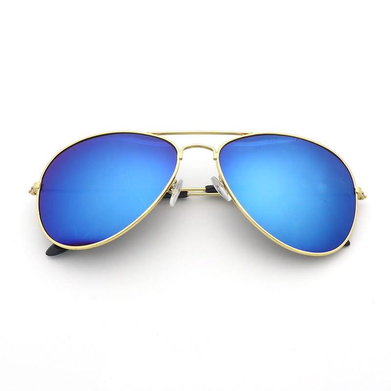 Classic unisex metal aviator sunglasses with gold rims and vibrant blue mirrored lenses offering UV protection.