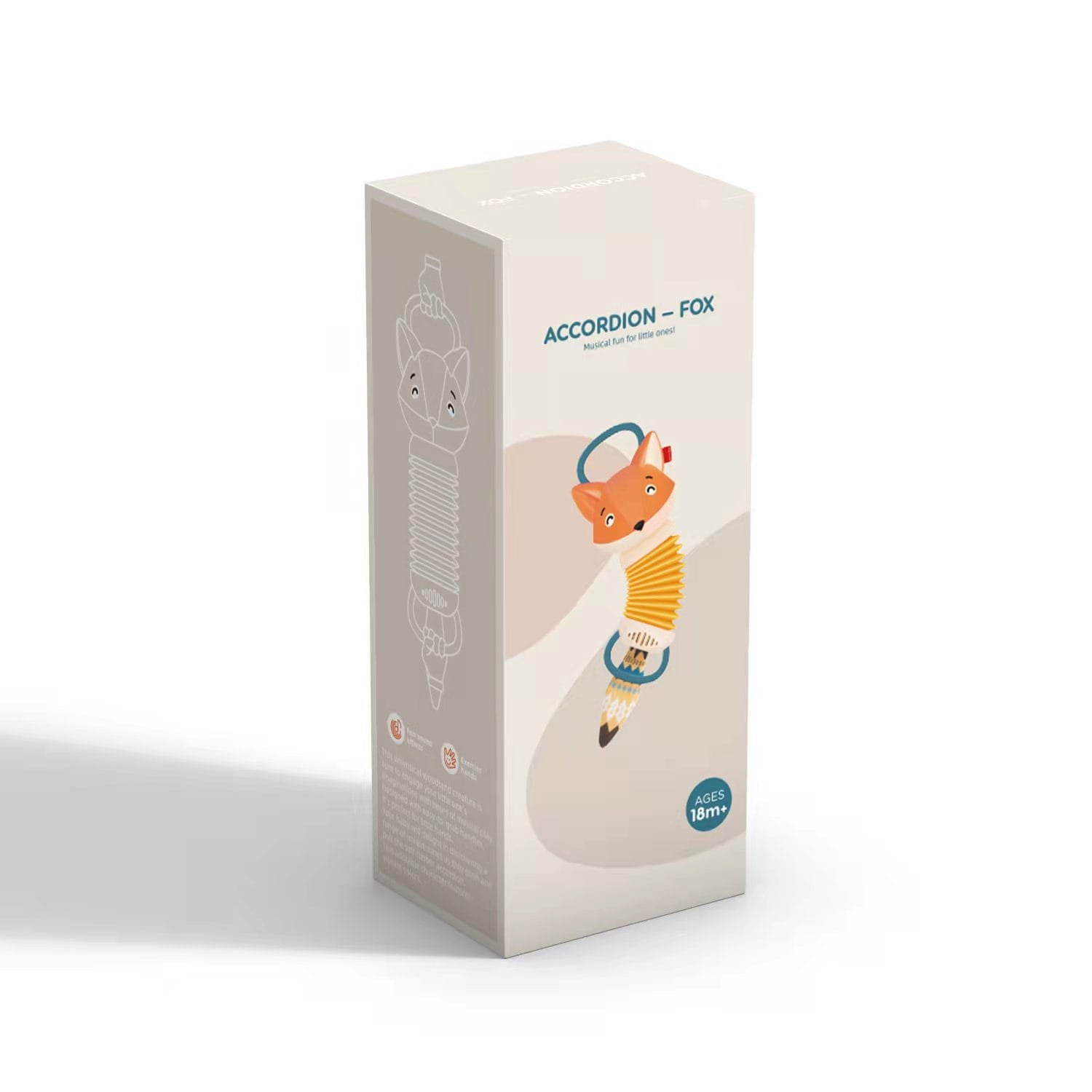 Une boîte en carton beige comportant une illustration d’un renard orange jouant d’un accordéon jaune et bleu, intitulé « accordéon renard » pour enfants de 18 mois et plus ; jouet musical d’accordéon pour bébé renard.