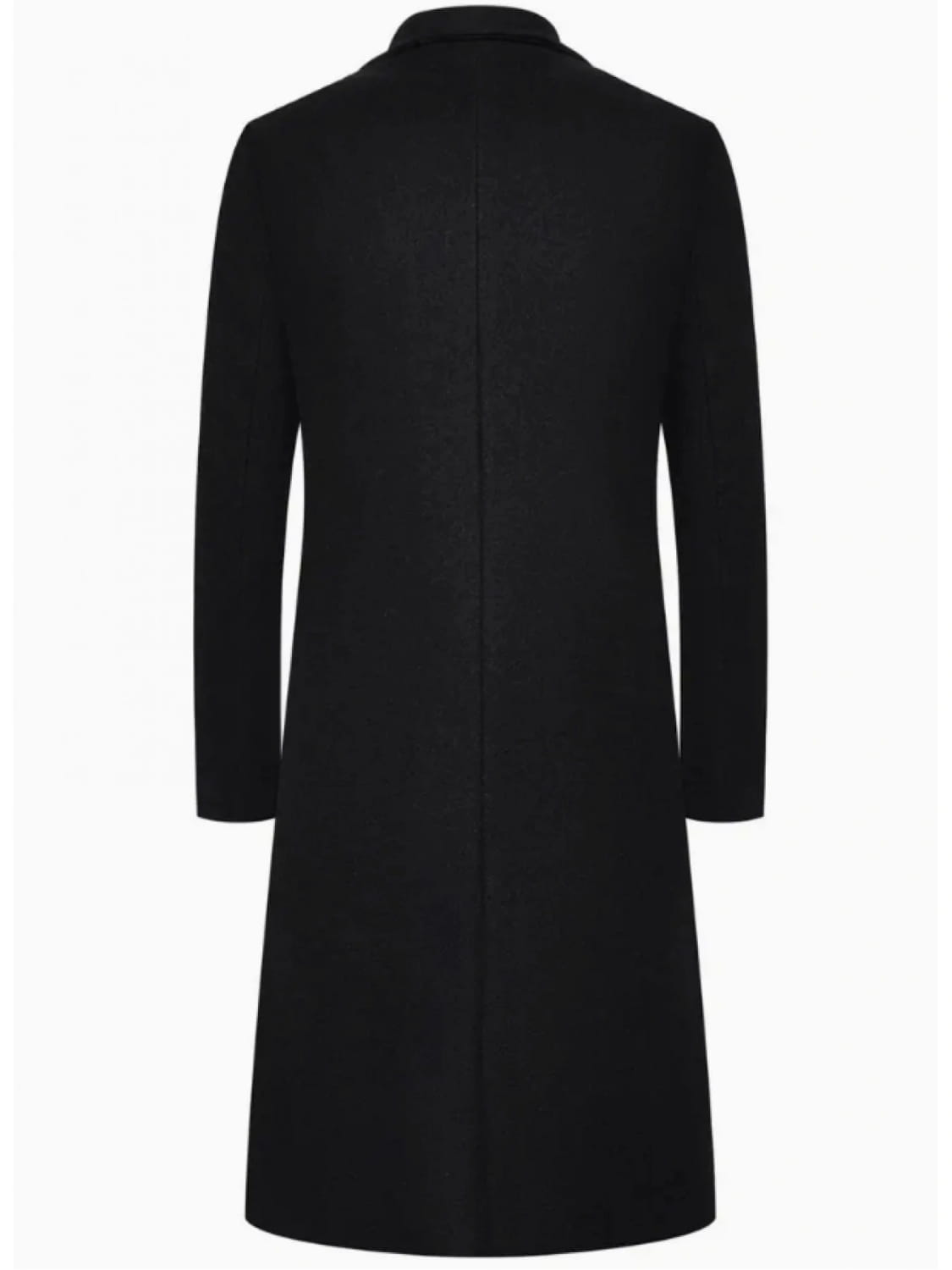 black woolen trench coat above the knee with a classic collar and straight-cut silhouette made from wool material