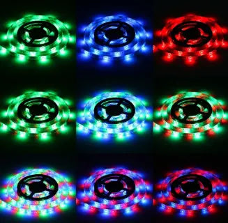 flexible led strip lights in vibrant green blue red and multicolored patterns with waterproof feature for home decor 5m length.
