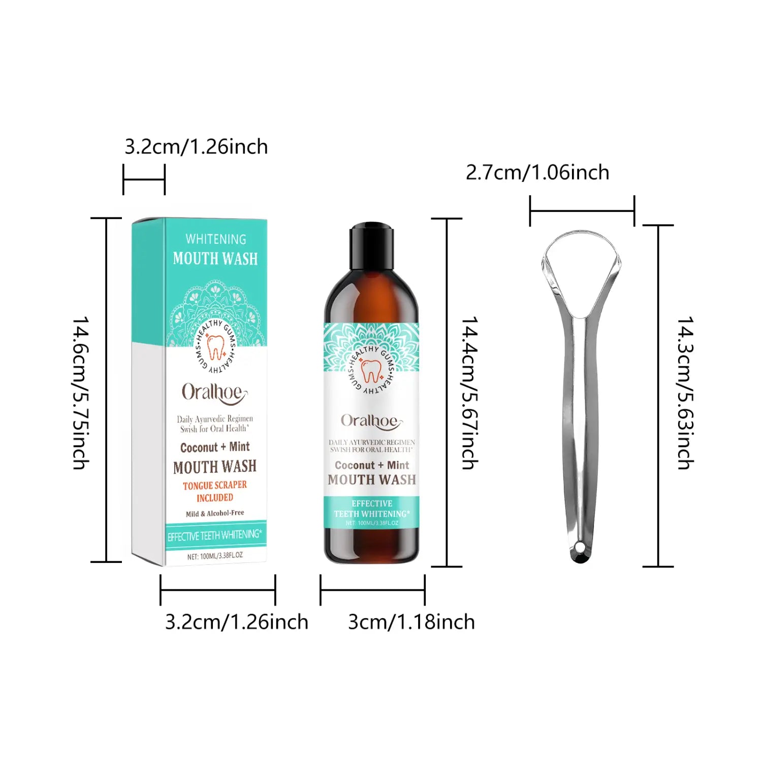 Enjuague bucal de coco y menta Oralhoe en un frasco de vidrio ámbar oscuro con una etiqueta verde azulado y blanca, junto con su caja a juego y un raspador de metal para la lengua para el blanqueamiento dental y el cuidado bucal de 50 ml.