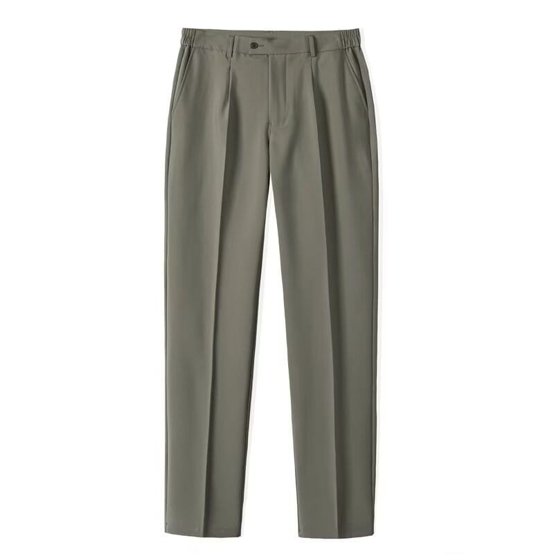 Pantalon de ville casual plissé pour hommes en vert olive, avec taille élastique et confectionné dans un tissu léger pour plus de confort.