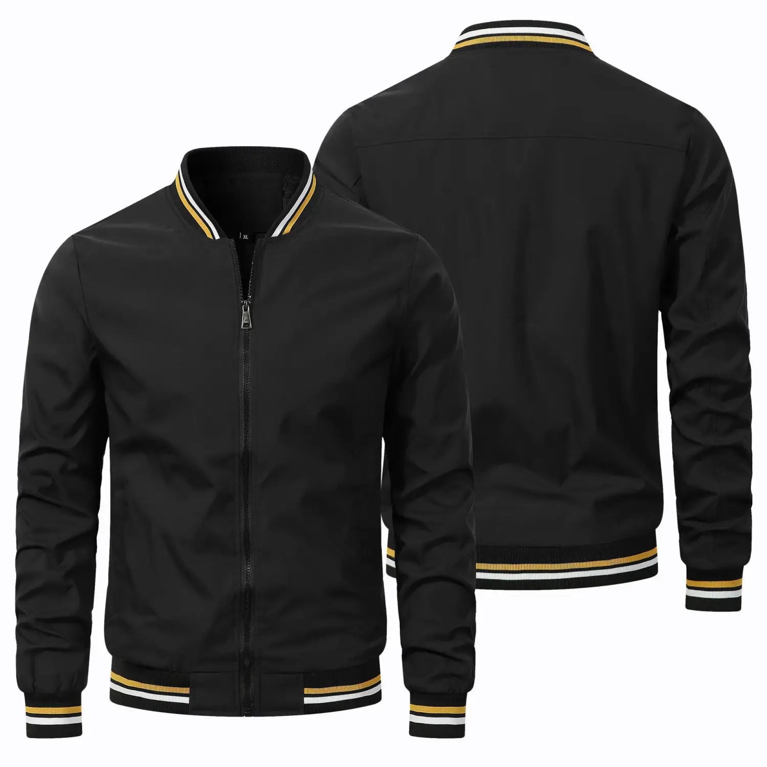 Chaqueta bomber de hombre negra con ribete a rayas doradas y blancas en el cuello, los puños y la pretina, diseñada como ropa exterior informal.