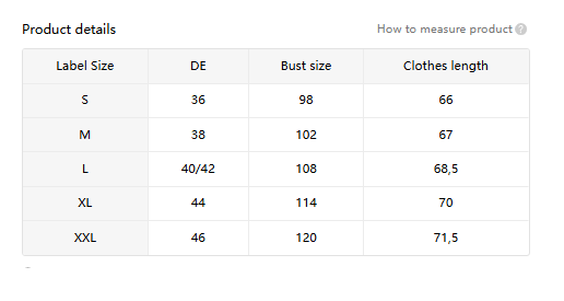 The product details table for the blue denim button up v neck blouse with pockets shows size conversions from S to XXL with bust measurements in inches and clothes length in centimeters.