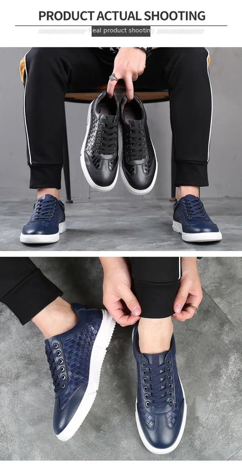 Zapatillas casual de hombre de cuero tejido color azul marino con suelas de goma blancas en un esquema de color blanco y negro.