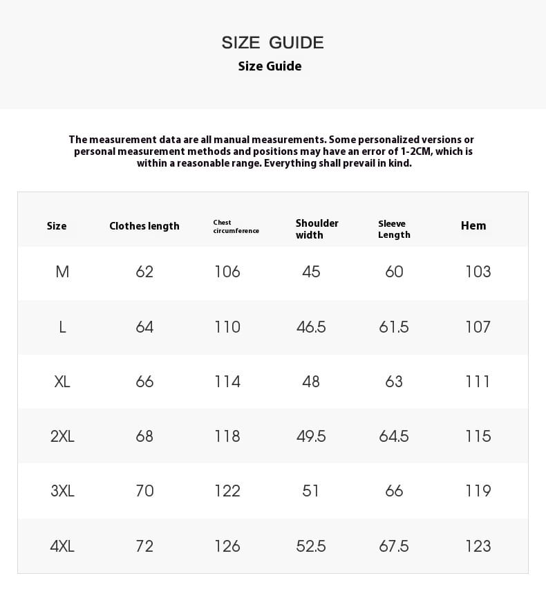 Tableau du guide des tailles affichant les mesures pour un manteau en suède décontracté ajusté pour homme, de la taille M à 4XL, comprenant la longueur du vêtement, la circonférence de la poitrine, la largeur des épaules, la longueur des manches et l’ourlet.