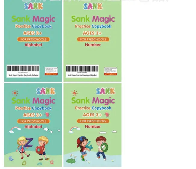 Sank magic practice copybook set for kids preschoolers featuring colorful cartoon illustrations designed for learning the alphabet and numbers.