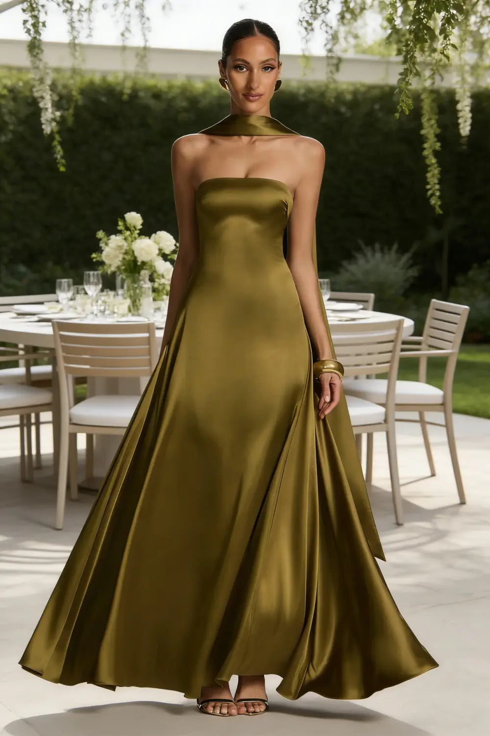 Un elegante vestido de noche sin tirantes de satén verde oliva con escote alto y silueta fluida.