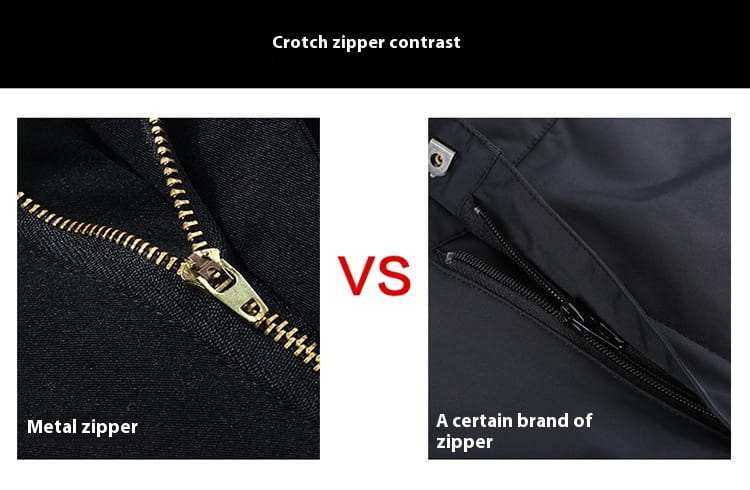 Men’s waterproof tactical hiking pants feature a gold-toned metal zipper with a contrasting crotch design against black fabric.