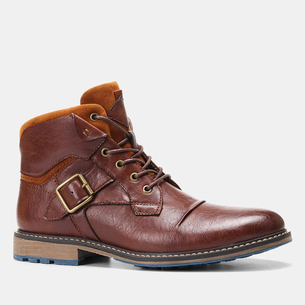 Men’s leather Martin boots in brown with a gold-toned buckle, contrasting tan suede lining, and a blue rubber sole.