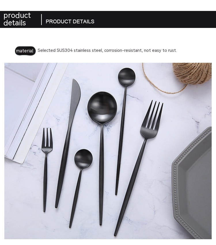 Set of black matte-finished stainless steel cutlery from a 60 piece tableware set for dining use.
