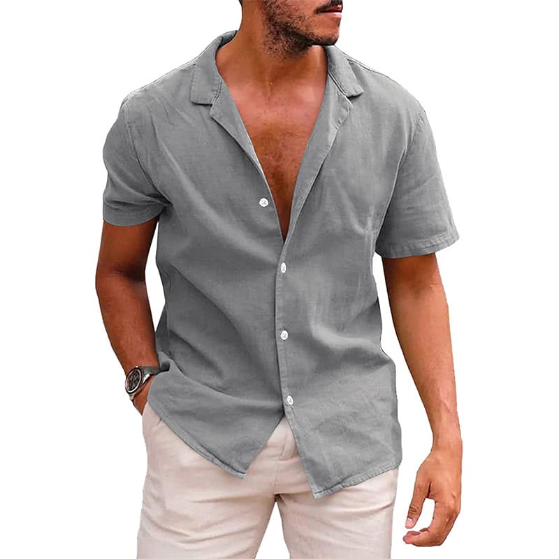 A light gray men’s casual short sleeve button down shirt with a collar and subtle textured fabric.
