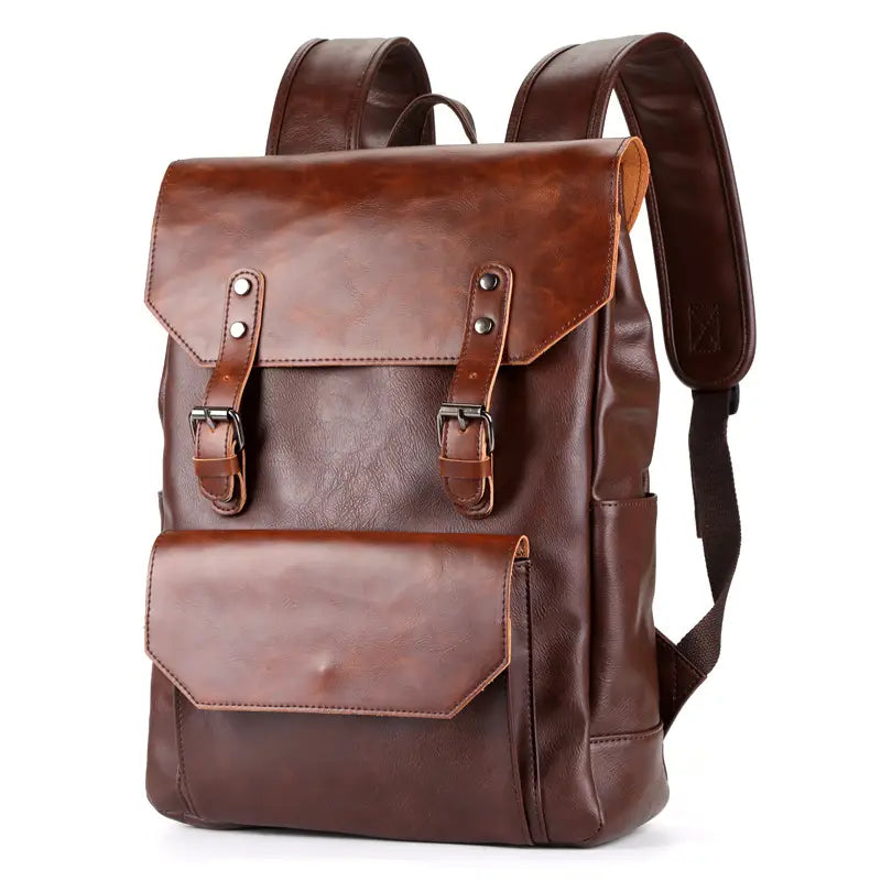 Brown leather backpack with flap closures and metal buckles from Crazy Horse Leather large capacity unisex backpack collection.