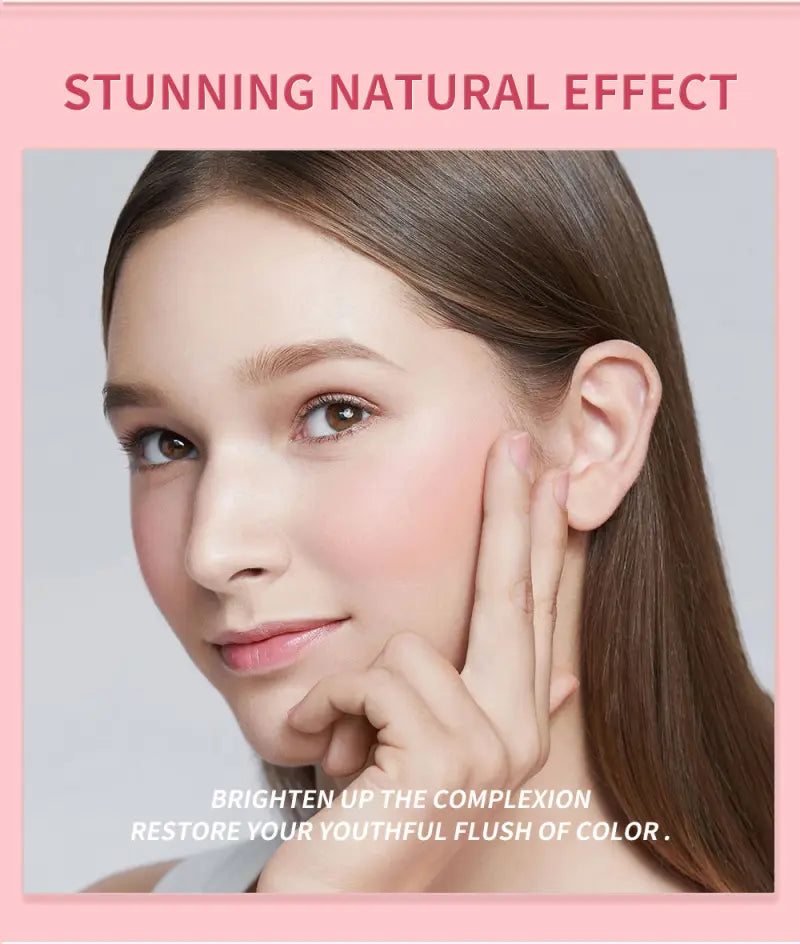 A soft pink cream blush stick long lasting face highlighter applied to the cheeks enhancing a natural flush of color.