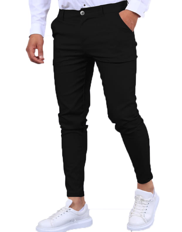 Black slim-fit ice silk business casual trousers featuring a sleek modern design and subtle button closure at the waist.