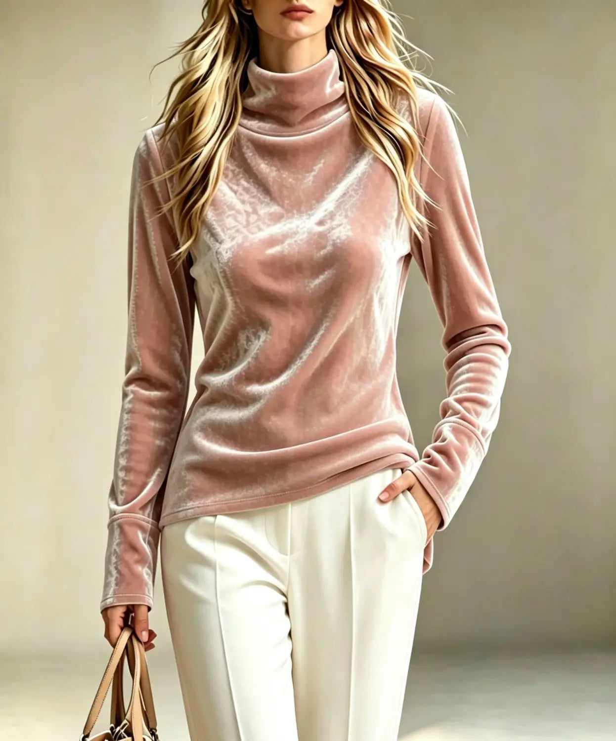 A soft blush pink velvet turtleneck top long sleeve pullover with a sleek form-fitting design.