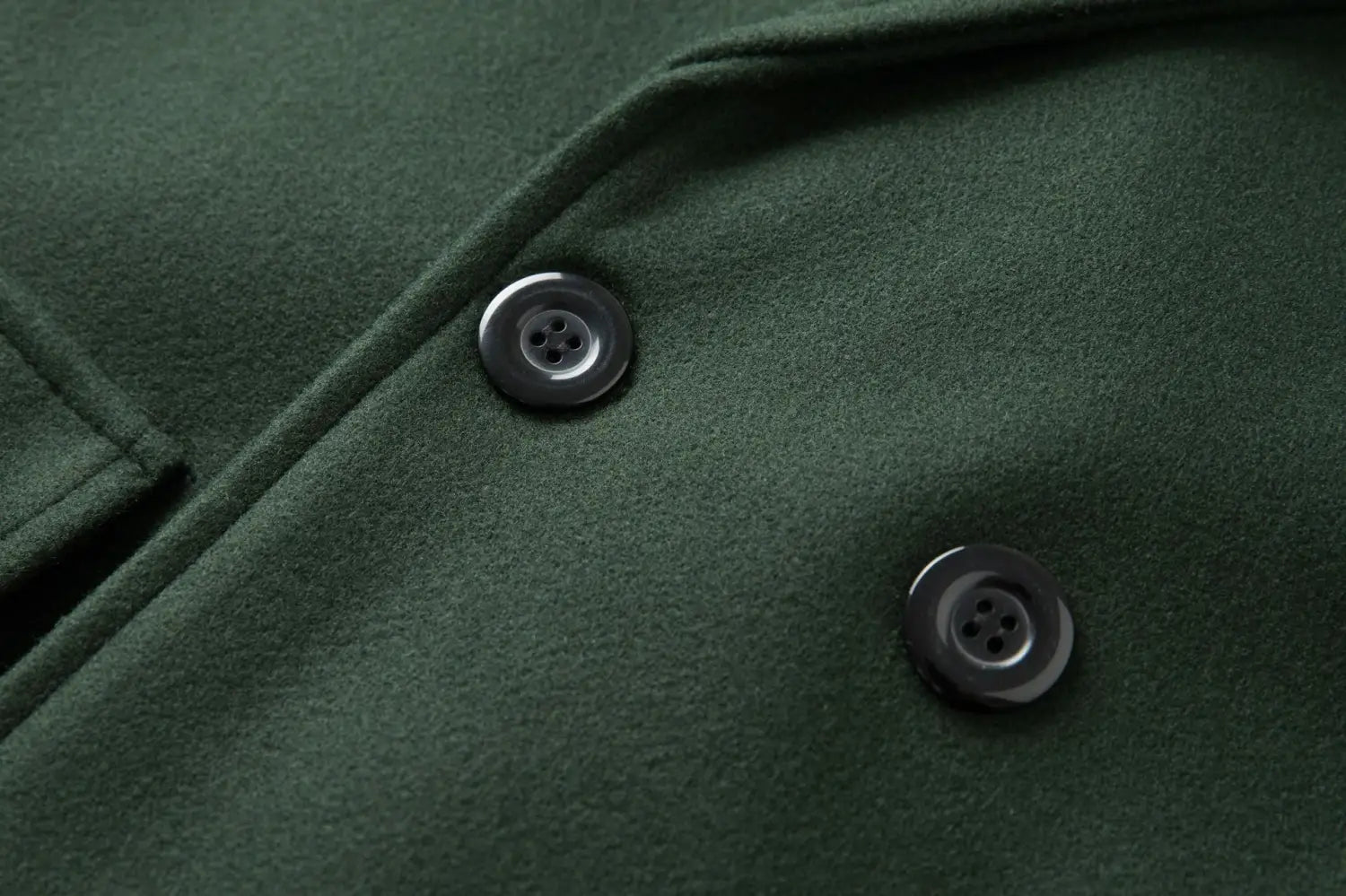 Men double breasted mid length wool overcoat in dark green with black four hole buttons.