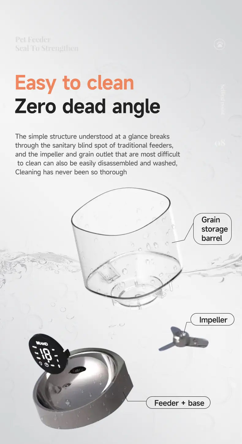 Le distributeur pour animaux domestiques intelligent Wi-Fi 4,5 l pour chats et chiens comporte un barillet transparent de stockage des grains et une base métallique avec un écran numérique intégré.