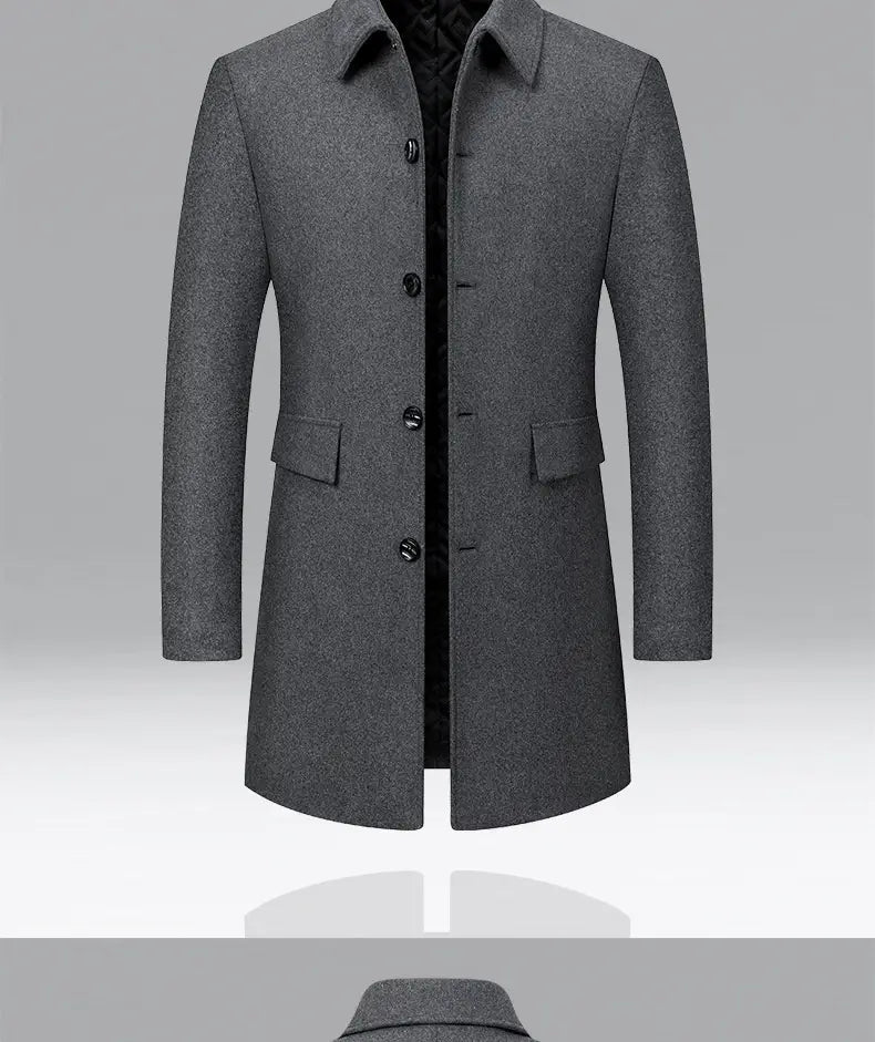 A sleek dark gray men woolen overcoat with classic collar front button closure and quilted lining.