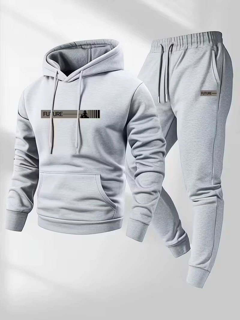 Light gray future graphic fleece hoodie and jogger lounge set with front pocket, drawstring hood, ribbed cuffs and waistband, featuring subtle black logo detailing on the chest.