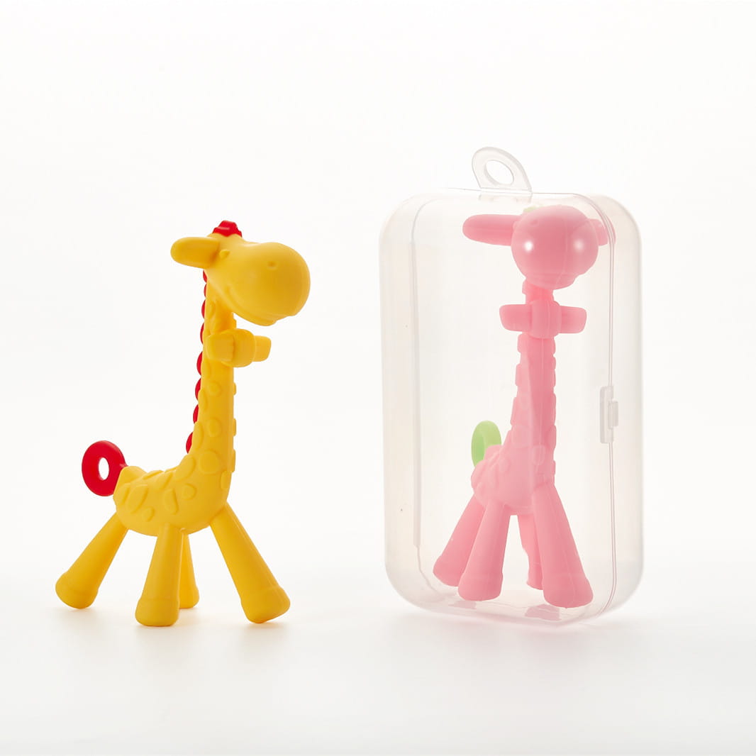 Yellow and pink silicone giraffe baby teether molar toys in clear plastic packaging designed for gum soothing.