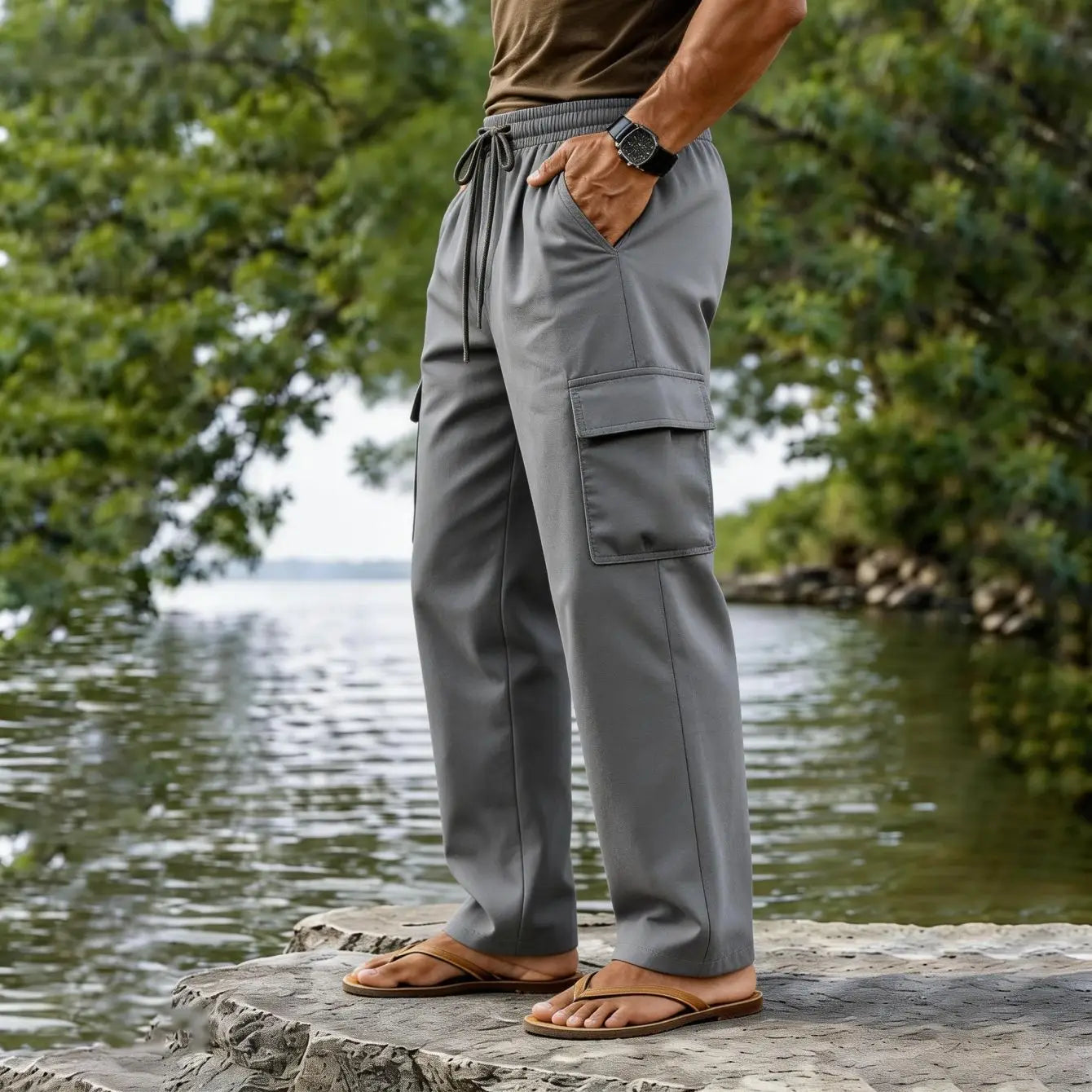 Gray cotton linen cargo pants for men with a drawstring waist and multiple pockets designed for casual wear.