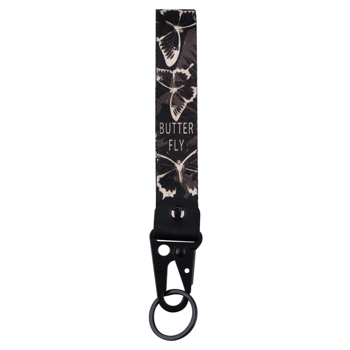 Black butterfly-themed wrist strap keychain with sleek metal clip and ring for secure holding model Tk57.
