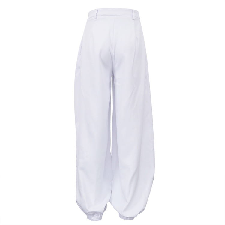 White high waisted balloon jogger pants featuring wide-leg trousers with a relaxed flowing silhouette and elasticated cuffs.