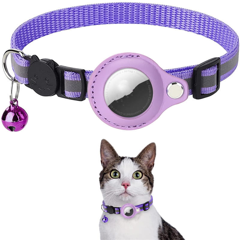 Collier pour chat en tissu tissé réfléchissant, avec Airtag, couleur violette, boucle de sécurité en plastique noir et étui assorti pour Airtag en silicone couleur lavande, agrémenté d’une clochette violette pendante.