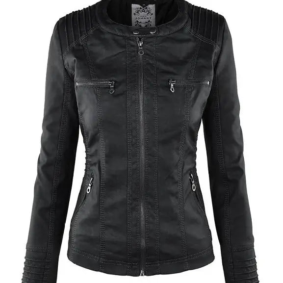 Black faux leather moto jacket with ribbed detailing silver zippers and detachable hood shown from the back side