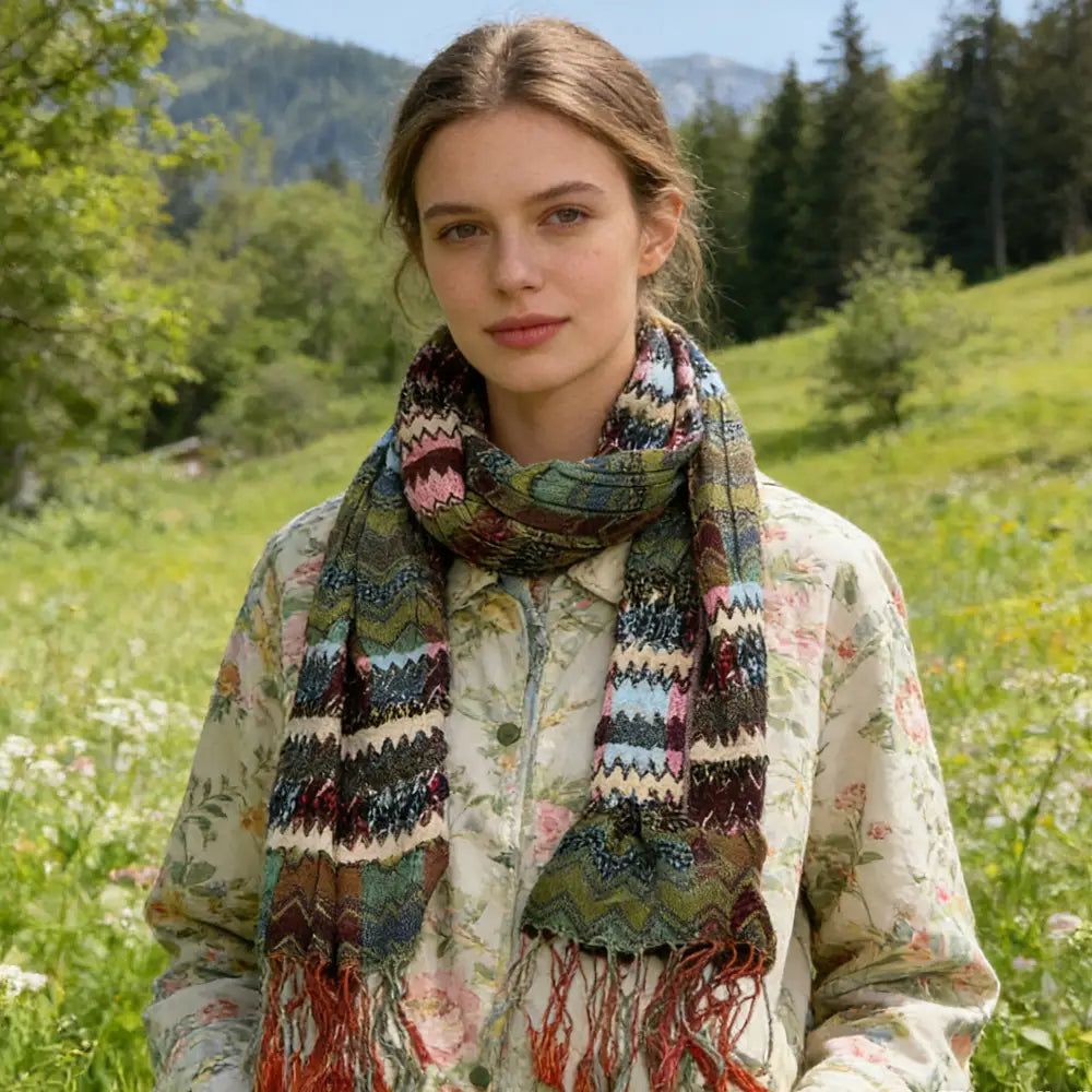 Écharpe géométrique multicolore aux couleurs vives, comportant des motifs complexes dans des nuances de vert, rose, bleu, brun et crème, avec une frange rouge aux extrémités.