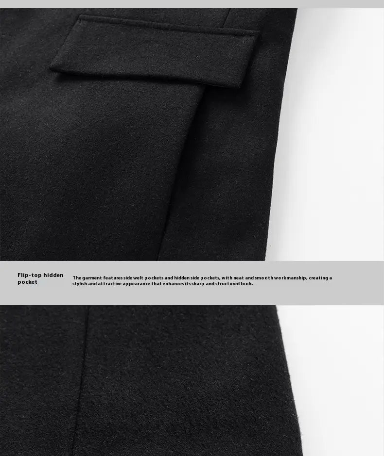 Black woolen overcoat for men featuring a quilted lining and a flip-top hidden pocket.
